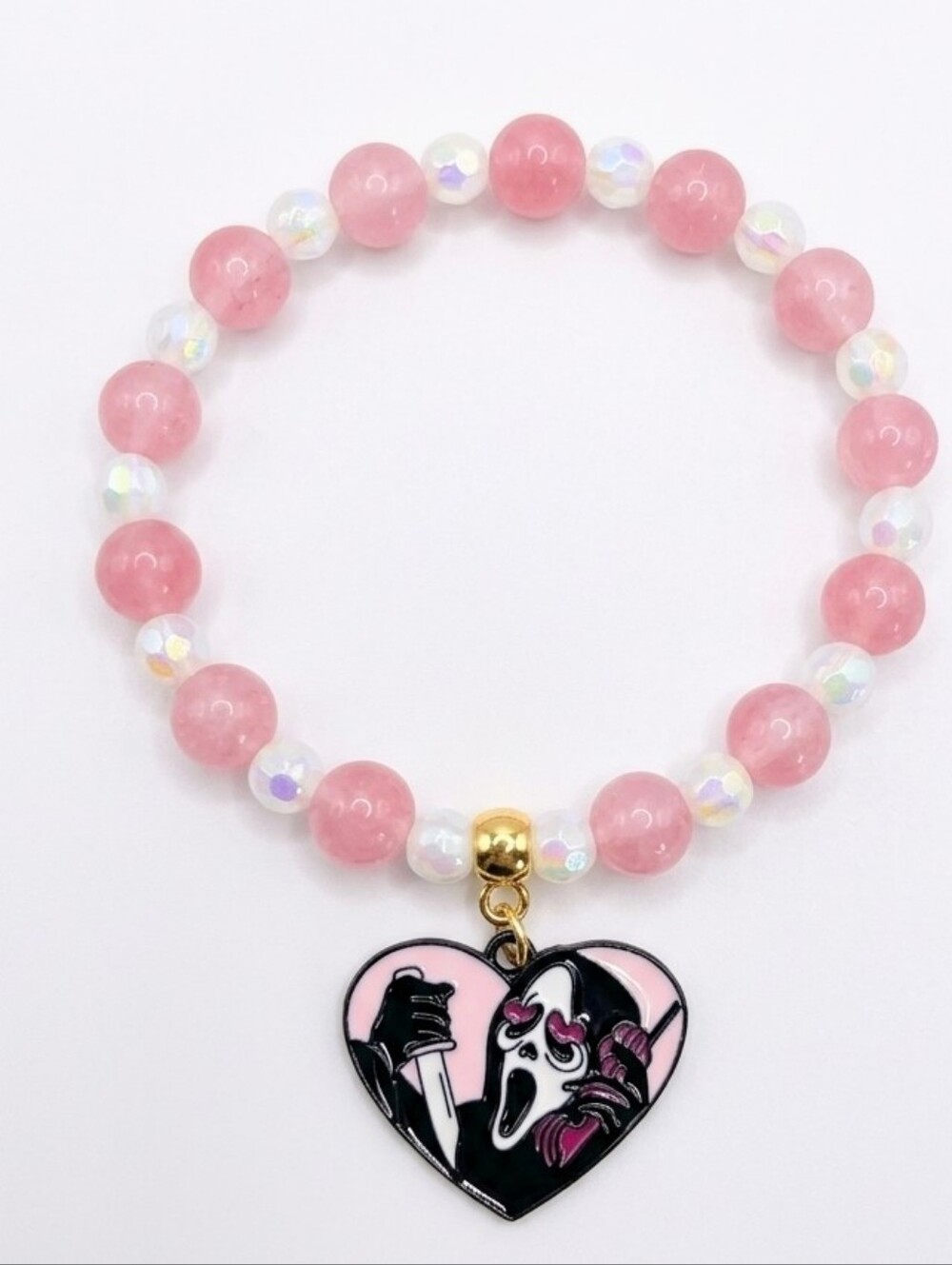 ⭐️ Handmade Ghost Face Beaded Stretch Bracelet (Pink & White)
